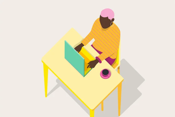Lebendige Illustration einer Person mit pinken Haaren, die konzentriert an einem Laptop am Schreibtisch arbeitet – steht für Fokus, Produktivität und moderne Arbeitsumgebungen.