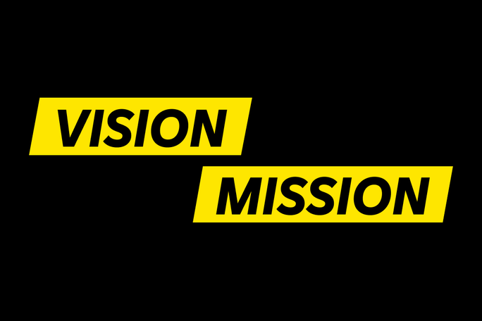 Schwarzer Hintergrund mit auffälligem gelben Text, auf dem in großen Buchstaben „VISION 2025“ und „MISSION“ steht.