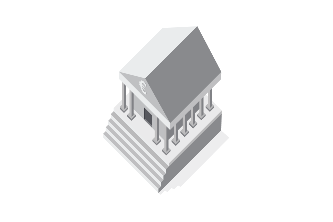 A minimalist isometric illustration depicting a bank building with classical architectural elements such as columns and a triangular roof. The structure is rendered in grayscale tones, emphasizing simplicity and clarity. A visible currency symbol is displayed on the facade, reinforcing the financial theme.