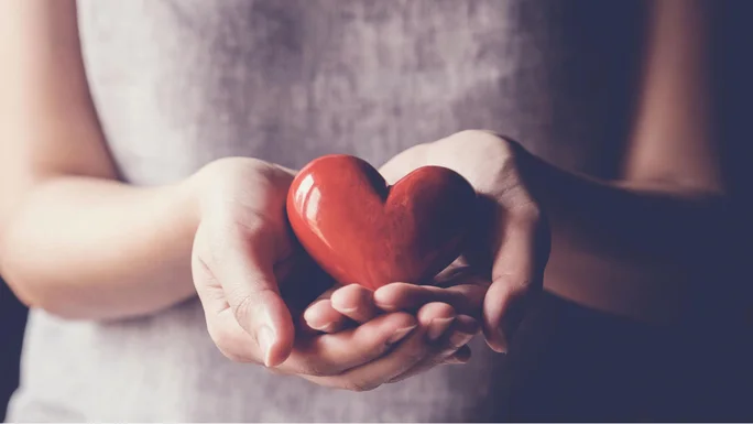 Eine Nahaufnahme von Händen, die sanft ein rotes herzförmiges Objekt halten, das Liebe und Fürsorge symbolisiert.