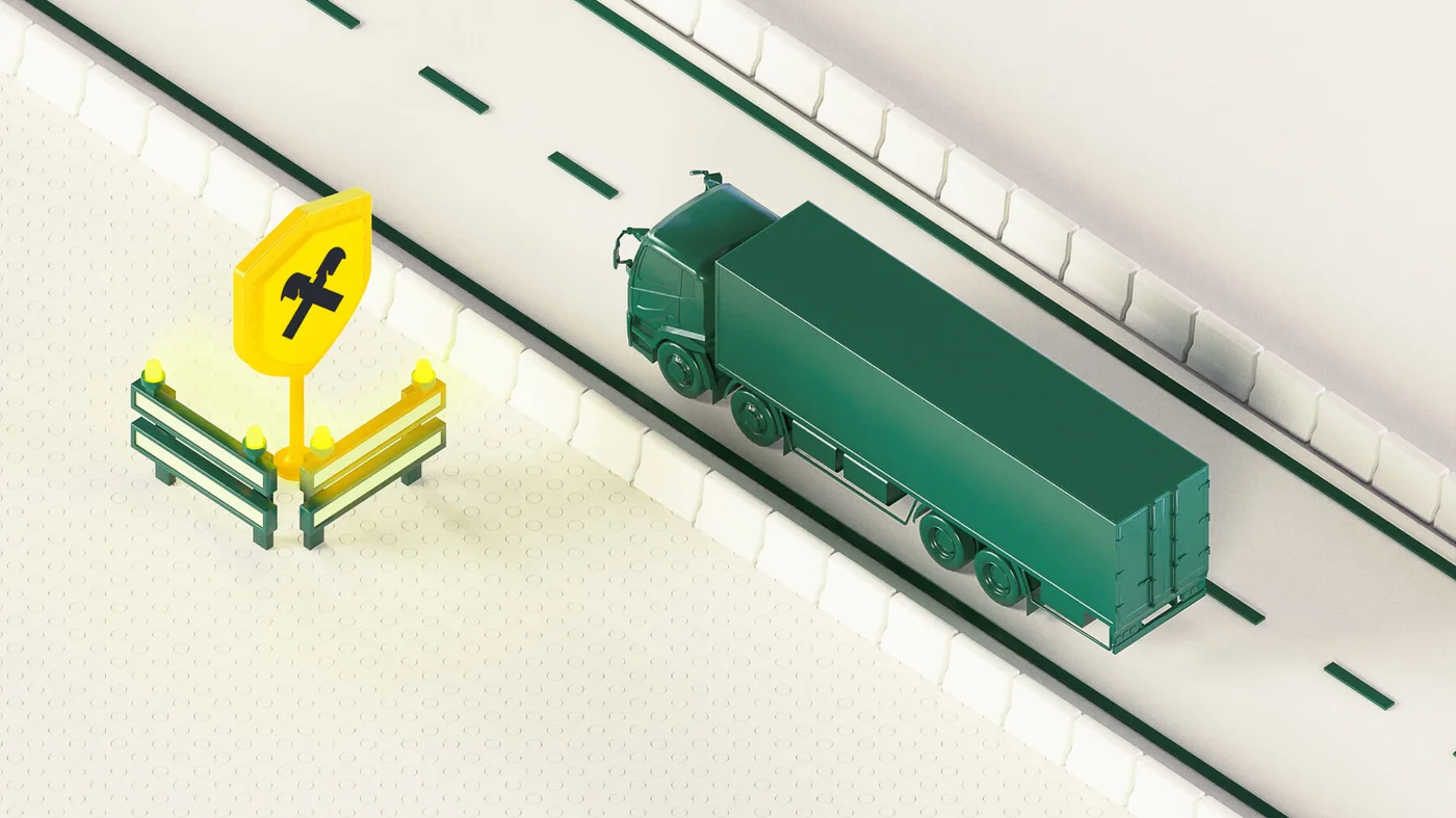 Ein grüner Lkw fährt auf einer Autobahn, in dessen Nähe ein deutlich sichtbares Warnschild für Reparaturarbeiten steht. Die Straße ist mit weißen Fahrbahnmarkierungen und Schutzbarrieren versehen. Die Szene ist minimalistisch gehalten und betont durch ihr klares, strukturiertes Design die Themen Transport und Verkehrssicherheit.