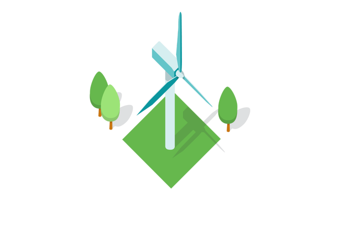 Stilisierte Illustration einer Windkraftanlage auf einer grünen Fläche, umgeben von Bäumen – symbolisiert erneuerbare Energien und ökologische Nachhaltigkeit.