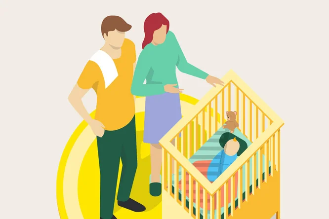 Eine lebendige Illustration, die ein Paar zeigt, das liebevoll auf ihr Baby im Kinderbett blickt und die Themen Familie, Fürsorge und Fürsorglichkeit hervorhebt.
