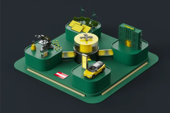 Illustration about the Raiffeisen world, electric car being charged, microscope, buildings, solar energy, plants, Subsidy Programs