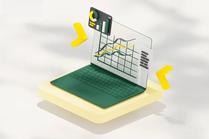 Illustration laptop, yellow arrows, finance graphs., Raiffeisenbank International, Corpporates