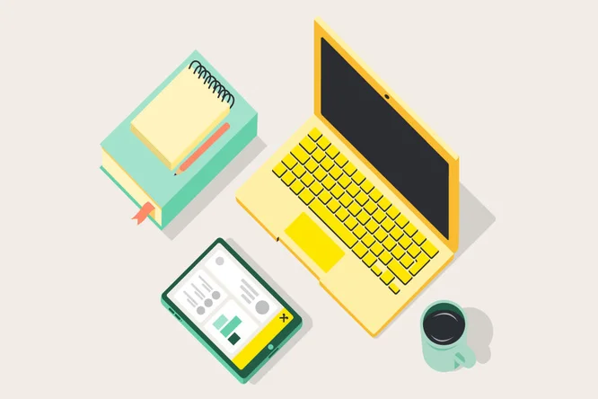 Eine Illustration eines Arbeitsplatzes mit Laptop, Tablet, Notizbuch und Kaffeetasse, die Produktivität, Organisation und digitale Vernetzung symbolisiert.