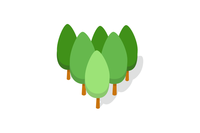 A minimalist illustration featuring a group of green trees arranged closely together. The design uses varying shades of green to depict foliage, with simple brown trunks. The white background emphasizes the clean and modern aesthetic.