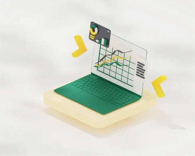 Eine 3D-Illustration eines grünen Laptops, der Grafiken, Diagramme und Analyse-Symbole auf dem Bildschirm zeigt.
