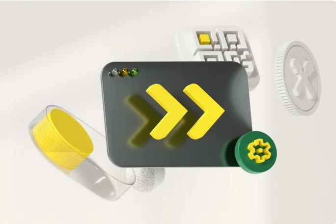 Eine Sammlung von Symbolen, darunter gelbe Pfeile auf einem dunklen Panel, ein QR-Code und ein Zahnrad. Sie repräsentieren Technologie, Fortschritt und Innovation.