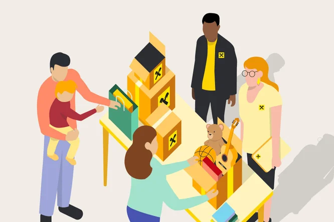 Illustration von Menschen, die an einer Spendenaktion teilnehmen – symbolisiert gesellschaftliches Engagement, Großzügigkeit und Hilfe für Bedürftige.