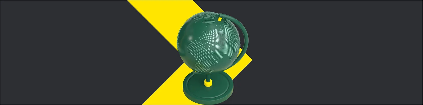 A stylized green globe with digital patterns, set against a dark background with a bold yellow geometric design. Represents global connectivity and modern technology.