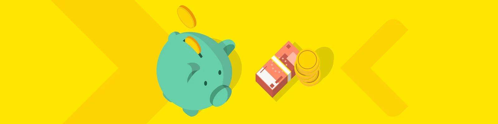 Eine grüne Sparschwein und ein Stapel Euro auf einem gelben Hintergrund, der finanzielle Lösungen für das Sparen symbolisiert.