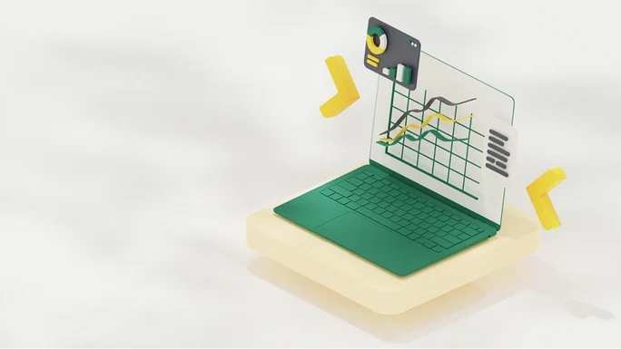 Eine kreative Illustration eines Laptops, der Grafiken zur Datenanalyse anzeigt, einschließlich Diagrammen und Grafiken. Das Design zeigt lebendige Farben und moderne Elemente und betont die Bedeutung von Technologie in der Datenvisualisierung.