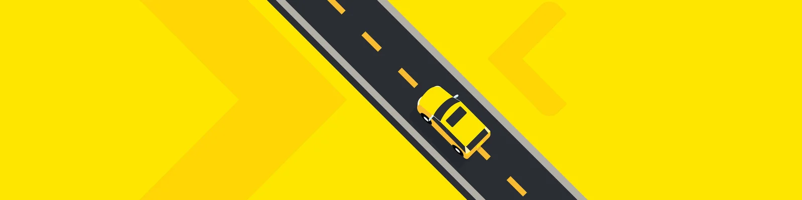 Eine minimalistische Illustration zeigt ein gelbes Auto, das auf einer diagonalen Straße vor leuchtend gelbem Hintergrund fährt. Die Straße ist mit gestrichelten Linien markiert und von kräftigen gelben Pfeilen eingefasst. Das Design betont Bewegung und Richtung in einem dynamischen, modernen Stil.