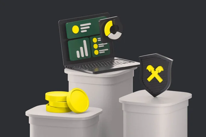 Illustration laptop, coins, gable cross raiffeisen, Raiffeisenbank International, 