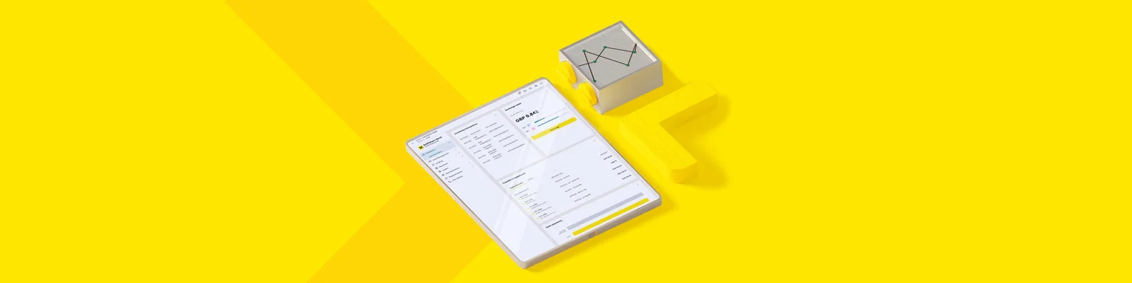 A shipping label and a small cardboard box are displayed on a vibrant yellow surface. The label features clear printed details, including addresses and a barcode, while the box has a simple line drawing of an envelope. The scene is brightly lit, emphasizing a modern and clean aesthetic with a bold yellow palette.