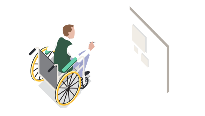 Illustration eines Mannes im Rollstuhl, der vor einem digitalen Bildschirm sitzt. Die Szenerie suggeriert eine moderne, barrierefreie Umgebung mit Fokus auf Technologie. Der Mann scheint mit dem Bildschirm beschäftigt zu sein, der verschiedene Oberflächenelemente anzeigt. Die Bilder betonen Inklusivität und Innovation.