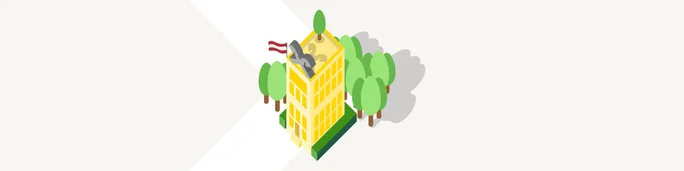 A stylized illustration of a yellow building surrounded by green trees. The building features a dome on top and a flag waving prominently. The setting is minimalistic with a clean, white background and geometric visuals.
