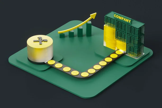 3D-Illustration, die ein digitales Förderband zeigt, das Münzen von einer Finanzquelle zu einem Firmengebäude transportiert, mit einem steigenden Wachstumsdiagramm, das Investitionen, Geschäftswachstum und finanziellen Erfolg darstellt.