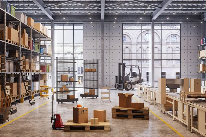 A big storage hall with lot of cardboard boxes