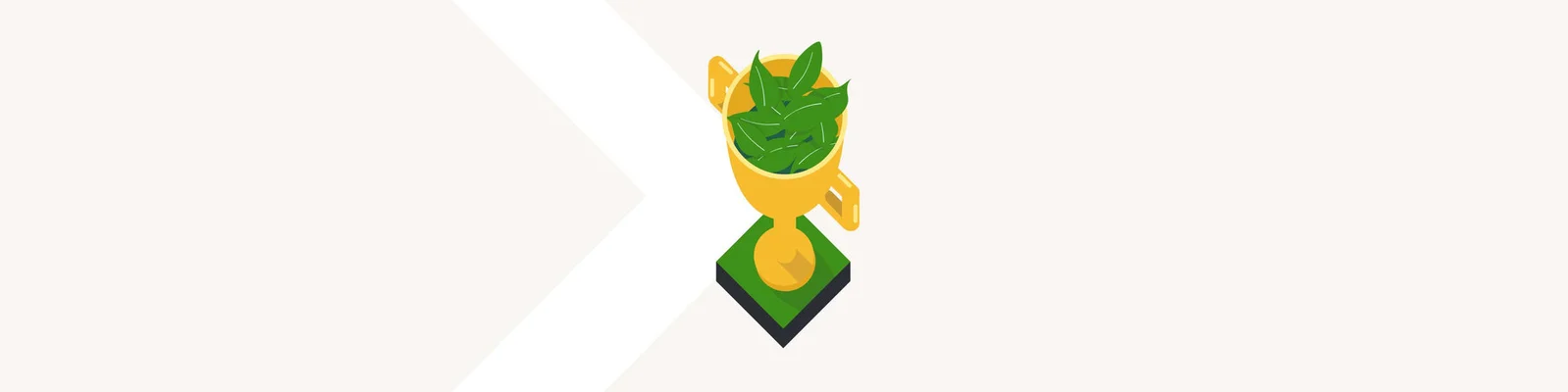Eine Illustration eines goldenen Pokals, der mit grünen Blättern gefüllt ist, als Symbol für Nachhaltigkeit und Erfolg auf hellem Hintergrund.