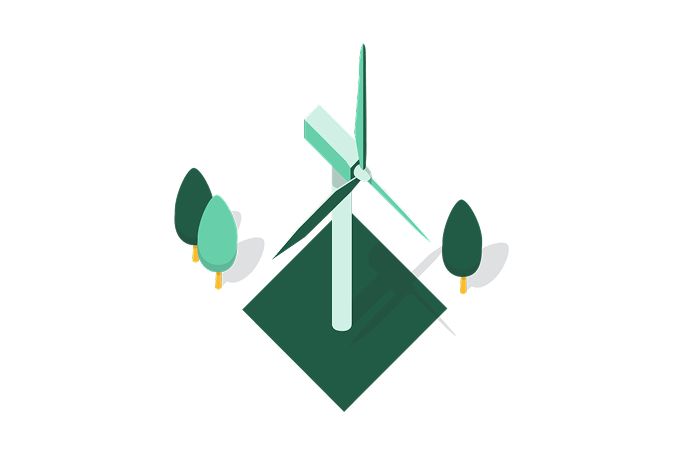 Minimalistische Illustration mit einer Windkraftanlage, umgeben von drei stilisierten Bäumen. Das Design ist klar und modern gehalten, mit einer grün-weißen Farbpalette. Die Turbine steht auf einer quadratischen grünen Fläche und unterstreicht das Thema erneuerbare Energien.