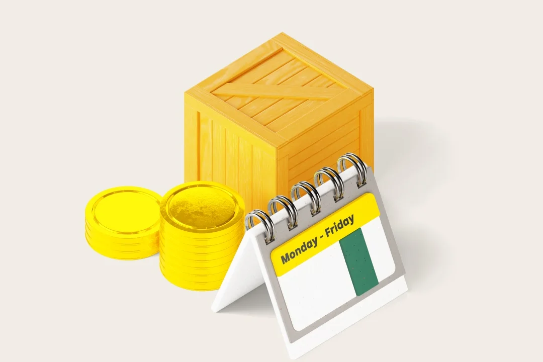 Gelbe Holzkiste, Goldmünzen und ein Kalender mit hervorgehobenem "Montag - Freitag", der die finanziellen Transaktionszyklen in der Lieferkette darstellt.