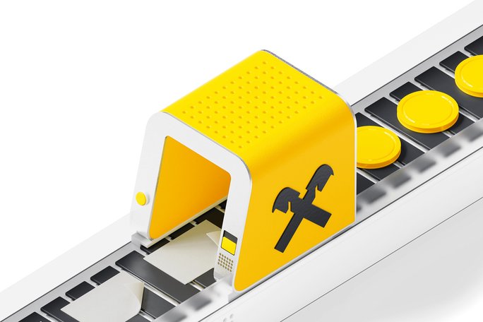 A 3D model of a conveyor belt featuring the Raiffeisen logo, transporting yellow coins, symbolizing financial operations and efficiency.