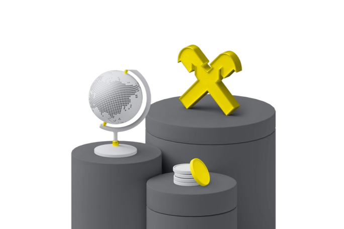 A stylized white globe with yellow stand sits on a dark cylindrical pedestal. Nearby, a stack of white coins with a yellow coin leaning against them is displayed. Behind them, two intersecting yellow tools, resembling a wrench and hammer, stand upright on a taller pedestal. The scene uses a minimal gray background with bright yellow accents for a modern, abstract look.