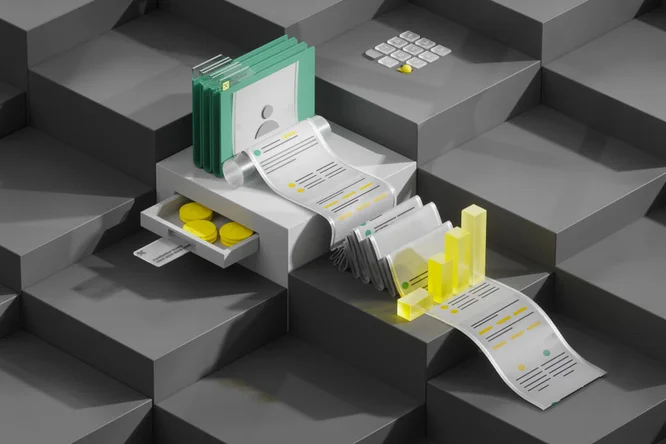 Eine Illustration eines automatisierten Finanzverarbeitungssystems mit digitalen Dateien, Münzen und Datendiagrammen auf strukturiertem Hintergrund.