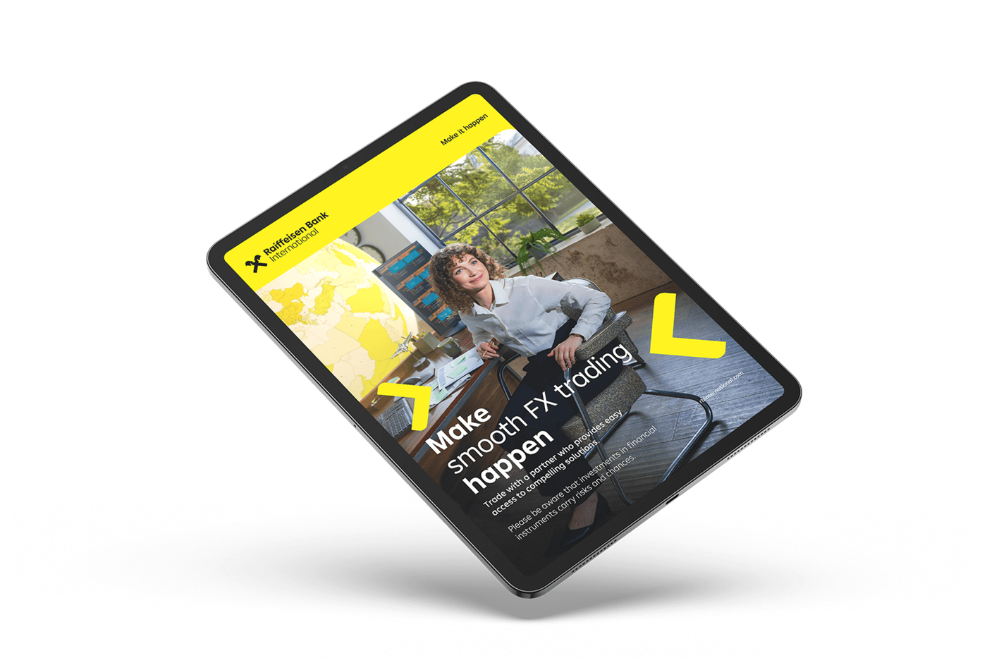 A tablet screen shows a Raiffeisen Bank International advertisement for smooth FX trading, with a modern office background and yellow branding elements.