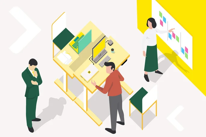 Illustration von Büromitarbeitern, die an einer Brainstorming-Sitzung teilnehmen, planen und strategisieren an einem Projekt, hebt Teamarbeit und Produktivität hervor.