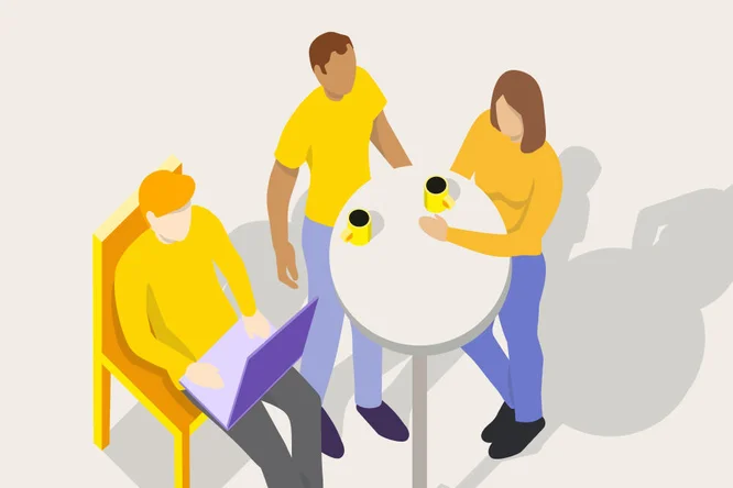 An illustration of three friends engaged in a collaborative meeting over coffee, showcasing teamwork, creativity, and social interaction.