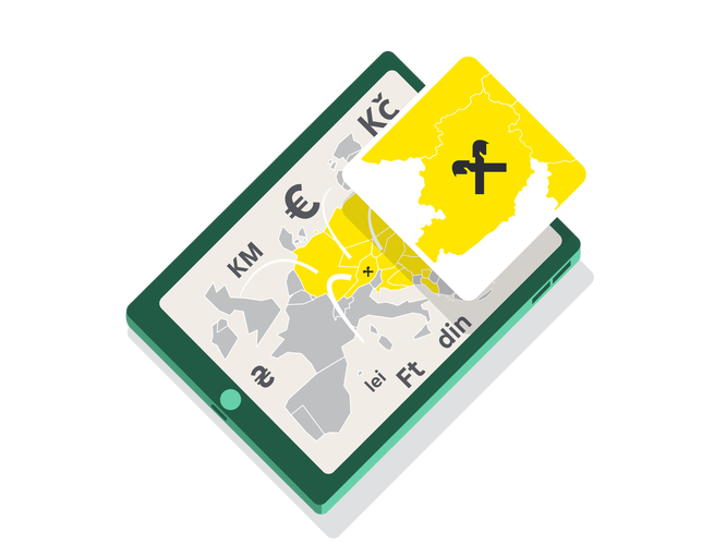 Illustration of a digital tablet displaying a stylized map of Europe with various currency symbols. A yellow-highlighted country card with a stylized black letter overlays the tablet screen. The map includes visible text such as KM, €, Kč, lei, Ft, and din to represent different regional currencies. The color palette is primarily yellow, gray, white, and green, giving a modern, flat design feel. The composition suggests digital finance, travel, or regional payment services.