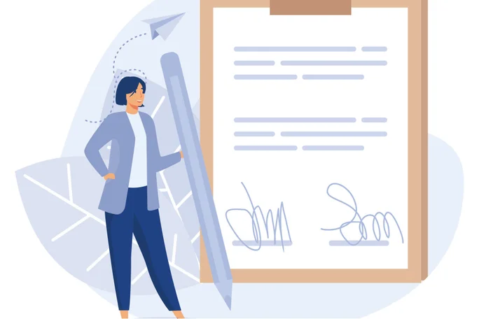 Illustration of woman standing in front of a signed contract