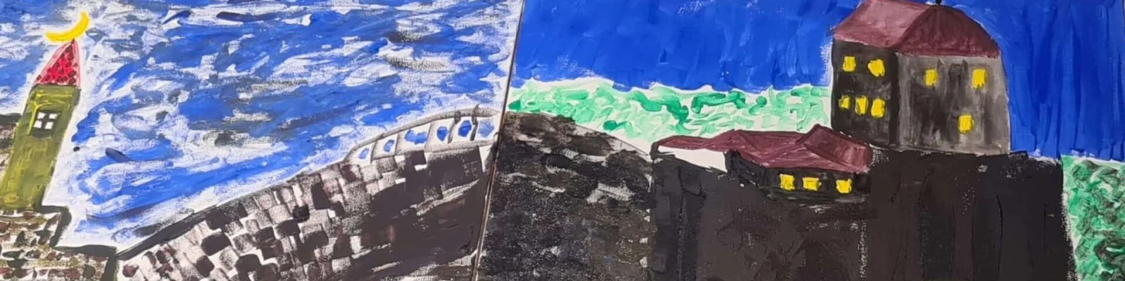Ein lebhaftes Gemälde, das eine Landschaft mit einem Turm zeigt, der von einem Halbmond gekrönt wird, auf der linken Seite und einer burgähnlichen Struktur auf der rechten Seite. Das Kunstwerk verwendet kräftige Farben und ausdrucksstarke Pinselstriche und fängt eine verspielte Szene ein.