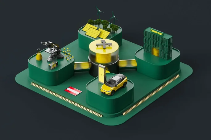 3D-Illustration eines nachhaltigen Industrie-Ökosystems mit erneuerbaren Energiequellen, Aufladen von Elektrofahrzeugen, wissenschaftlicher Forschung und Unternehmensintegration, wobei Innovation und grüne Technologie im Vordergrund stehen.
