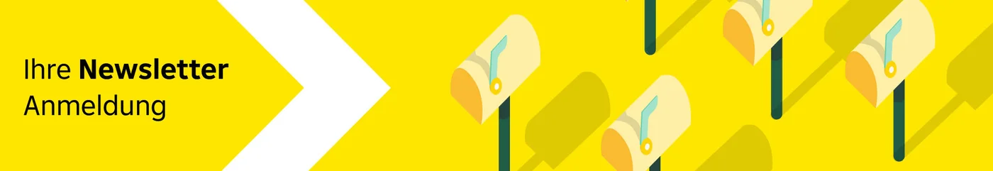 A vibrant yellow banner featuring stylized mail icons and German text 'Ihre Newsletter Anmeldung'. The design uses a minimalistic approach with repeated visuals of envelopes and bold typography. The setting suggests a digital or promotional context for newsletter subscriptions.