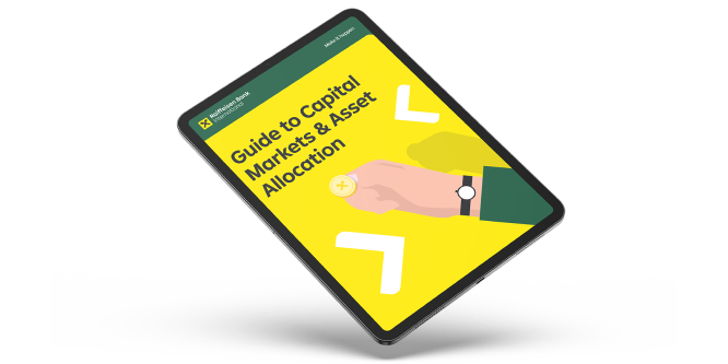 A digital tablet is shown at an angle against a transparent checkerboard background. The screen displays a bright yellow cover titled "Guide to Capital Markets & Asset Allocation." The cover features an illustrated hand holding a coin and bold white geometric arrows. The overall design is modern and minimal, emphasizing finance and investment themes.