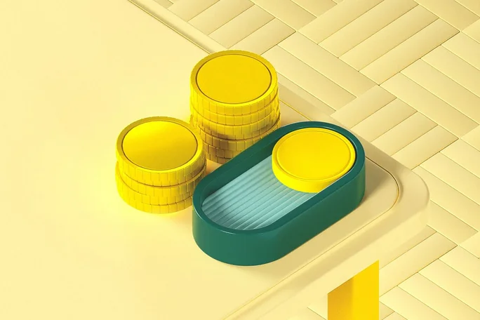 Eine minimalistische Illustration mit Stapeln von Goldmünzen und einem grün-gelben Münztablett auf einer gelben Theke, die Bargeldtransaktionen und Finanzmanagement in einem lebendigen, modernen Umfeld symbolisiert.