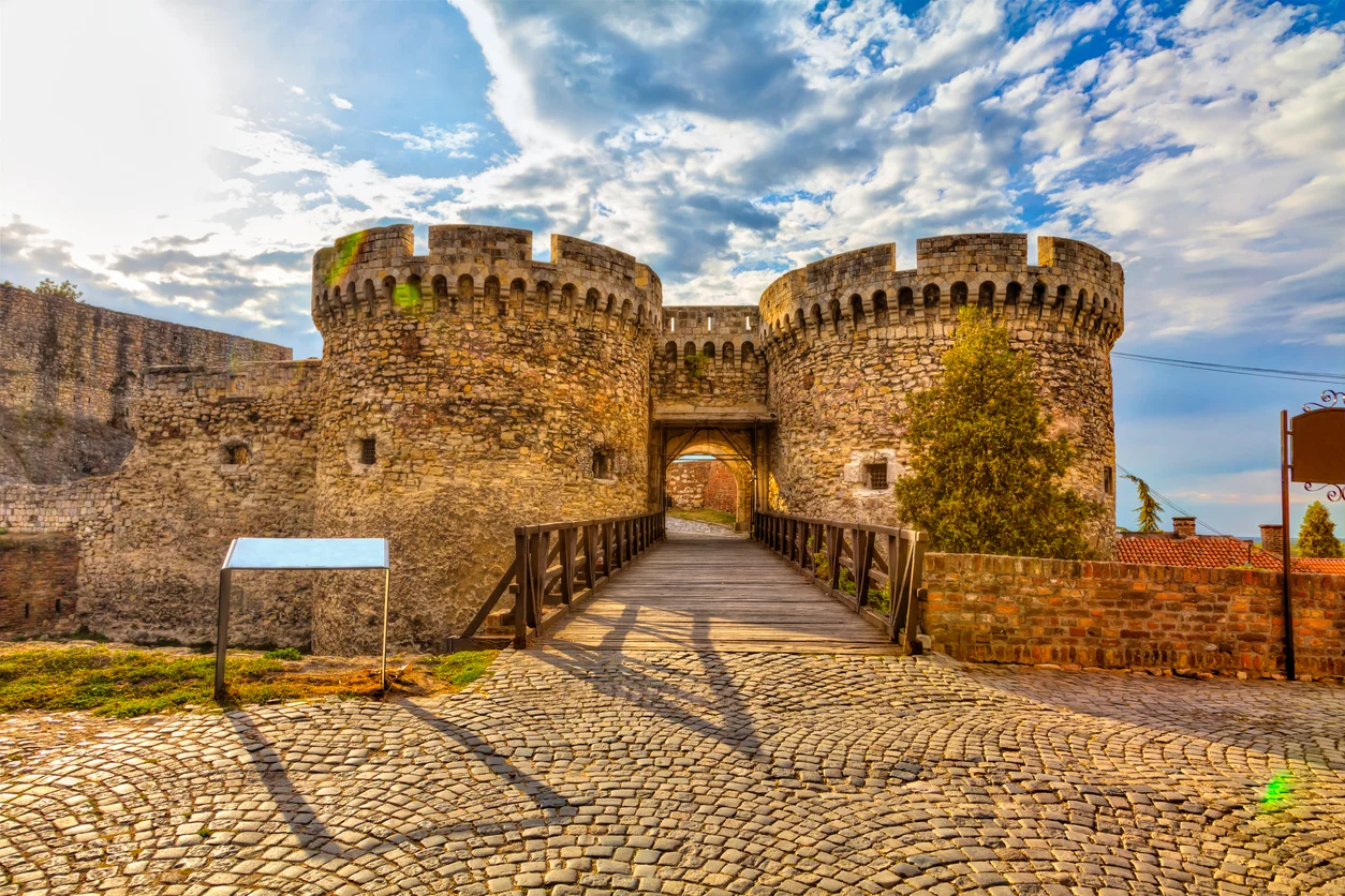 Wooden bridge, two towers and Kalemegdan walls, HDR image.