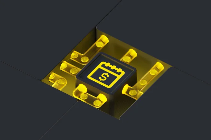 Eine futuristische digitale Illustration eines Zahlungschips, umgeben von leuchtend gelben Elementen, die elektronische Transaktionen, digitale Finanzen und sichere Zahlungssysteme symbolisieren.