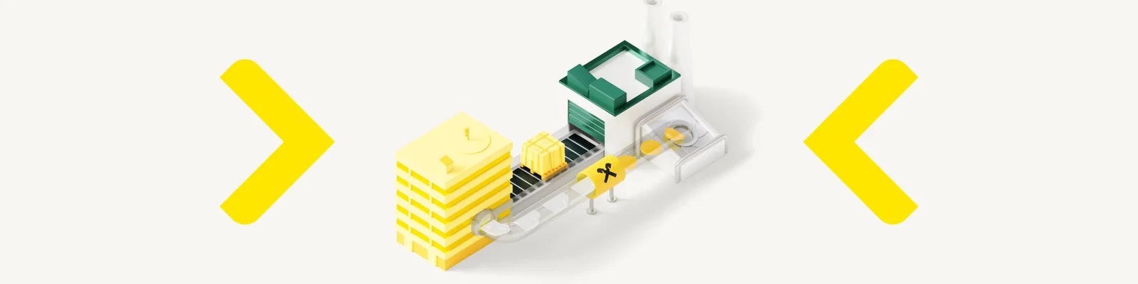 Dominos, die auf einer grünen Oberfläche fallen, mit einem gelb hervorgehobenen Stück, das die strategische Optimierung des Betriebskapitals bei der Raiffeisen Bank symbolisiert.