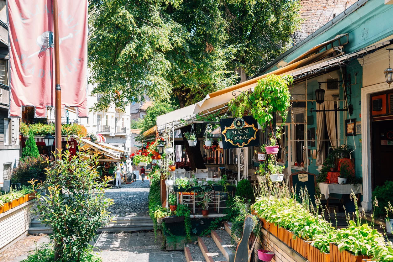 Belgrade, Serbia - July 16, 2019 : Skadarlija bohemian quarter, cafe and restaurant street at summer