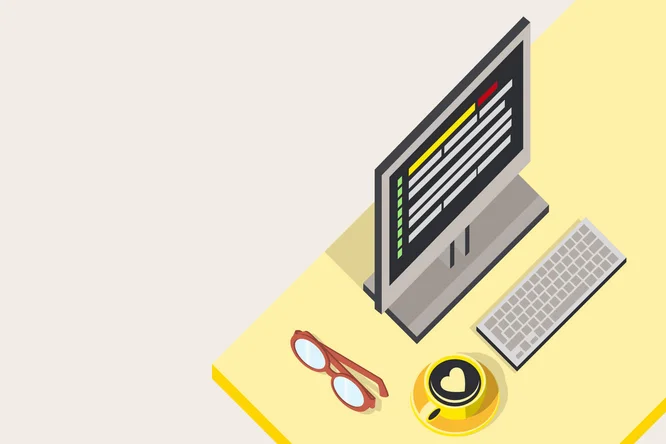 Isometrische Illustration eines modernen Desktop-Computers mit Codezeilen auf dem Bildschirm. Auf dem gelben Schreibtisch befinden sich eine schlanke Tastatur und eine Maus. Daneben steht eine Kaffeetasse mit herzförmigem Latte Art und eine Brille mit rotem Rahmen. Der minimalistische Hintergrund in sanften Beigetönen unterstreicht die aufgeräumte und kreative Arbeitsatmosphäre.