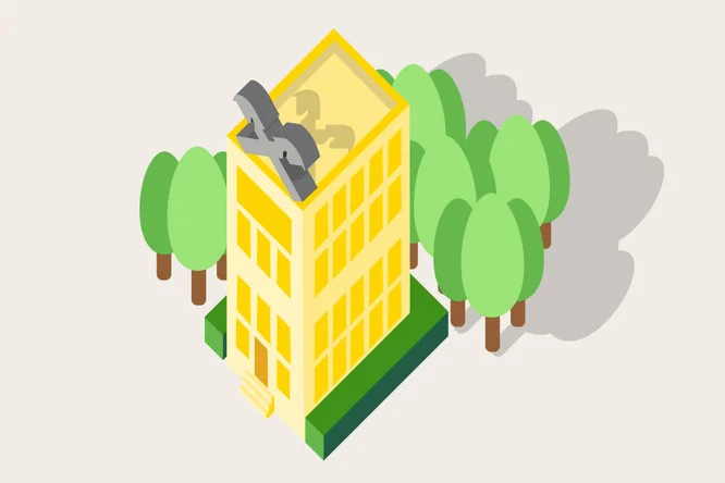 Isometrische Illustration eines modernen Gebäudes, umgeben von Bäumen – betont Nachhaltigkeit, umweltfreundliches Design und urbane Grünflächen.