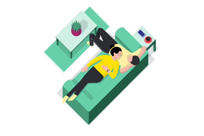Illustration von zwei Personen, die auf einem grünen Sofa entspannen. Eine Person liegt und trägt einen gelben Pullover, die andere legt den Kopf auf deren Schoß. Ein Couchtisch mit einer Topfpflanze steht daneben.