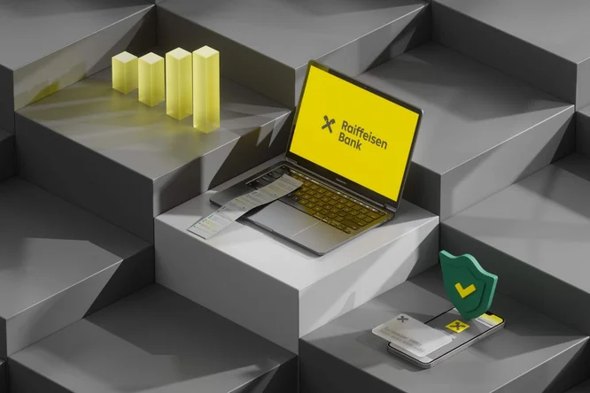 Eine 3D-Illustration mit einem Laptop, auf dem die Raiffeisen Bank neben digitalen Finanzdaten und einem Sicherheitsschild angezeigt wird, das sicheres Online-Banking und Datenanalyse symbolisiert.