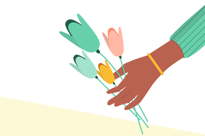 A stylized illustration featuring a hand wearing a yellow bracelet holding a bouquet of pastel-colored flowers. The flowers include shades of green, pink, and yellow, set against a minimalistic white and beige background. The image conveys a cheerful and lighthearted mood.