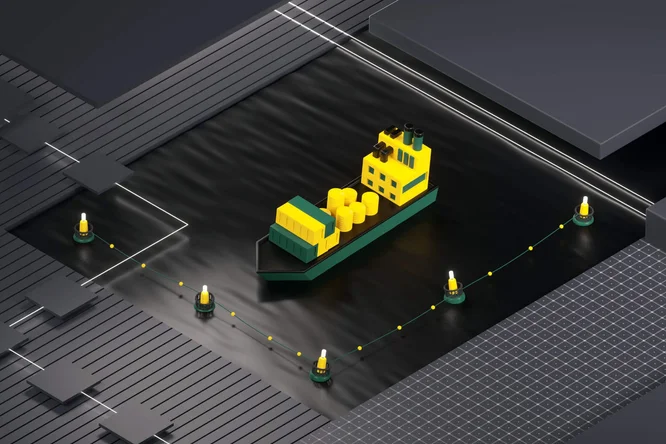 3D-Illustration eines Frachtschiffs mit Containern und Münzen, das moderne Schifffahrtslogistik, globalen Handel und digitales Lieferkettenmanagement innerhalb eines verbundenen Netzwerks symbolisiert.